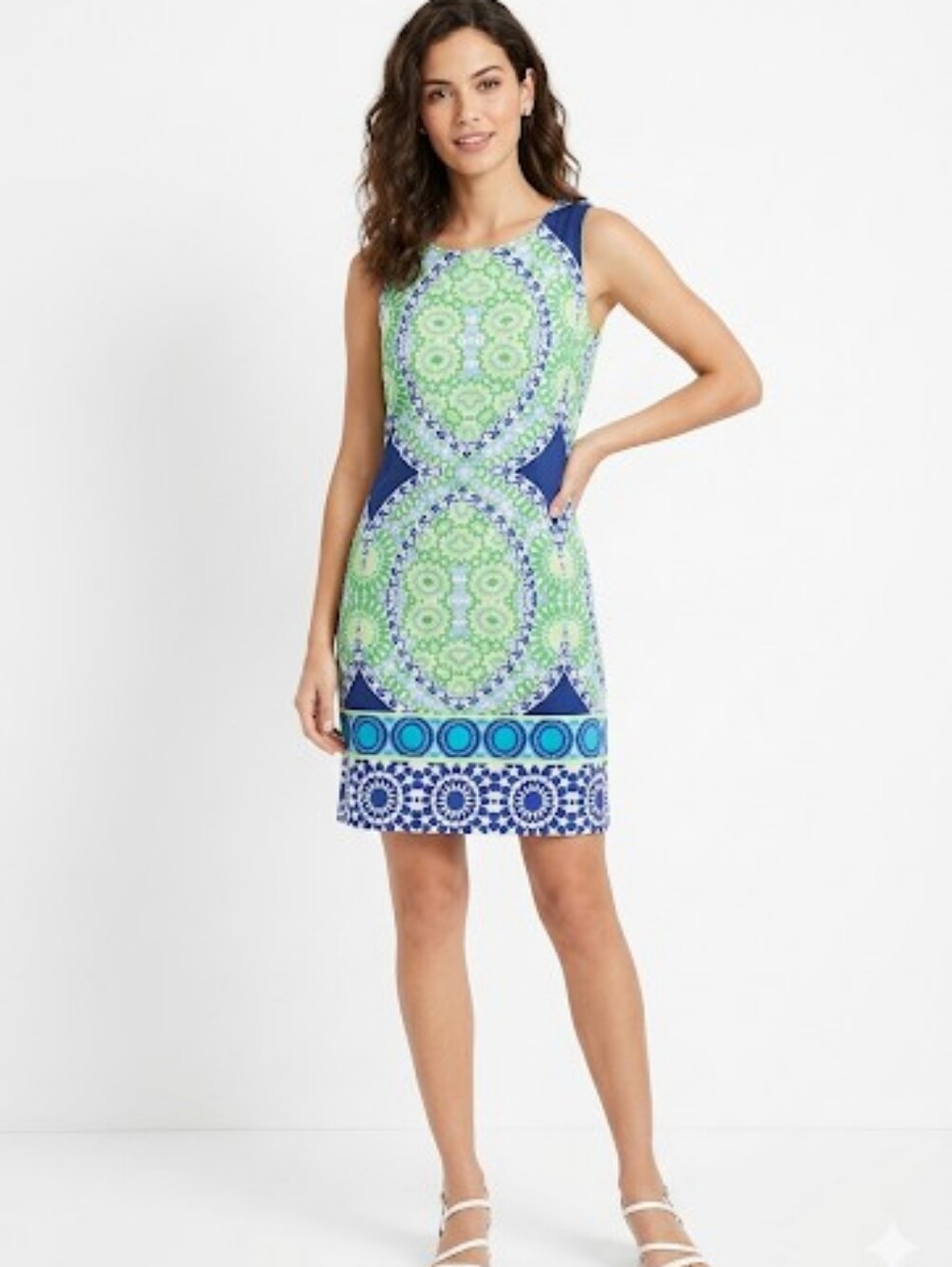 London Times Blue & Green Sleeveless Printed Shift Dress